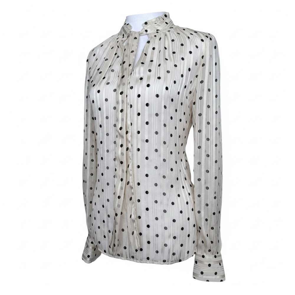Suzy Shier White Sheer Polka Dot Button-Down Ling Sleeve Sheer Top Size Small